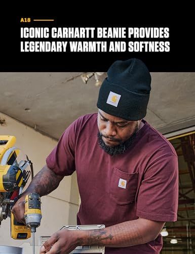Communicates the warmth and softness of the Carhartt beanie while showing it in a real-world work context, reassuring shoppers of its comfort and quality for everyday use.