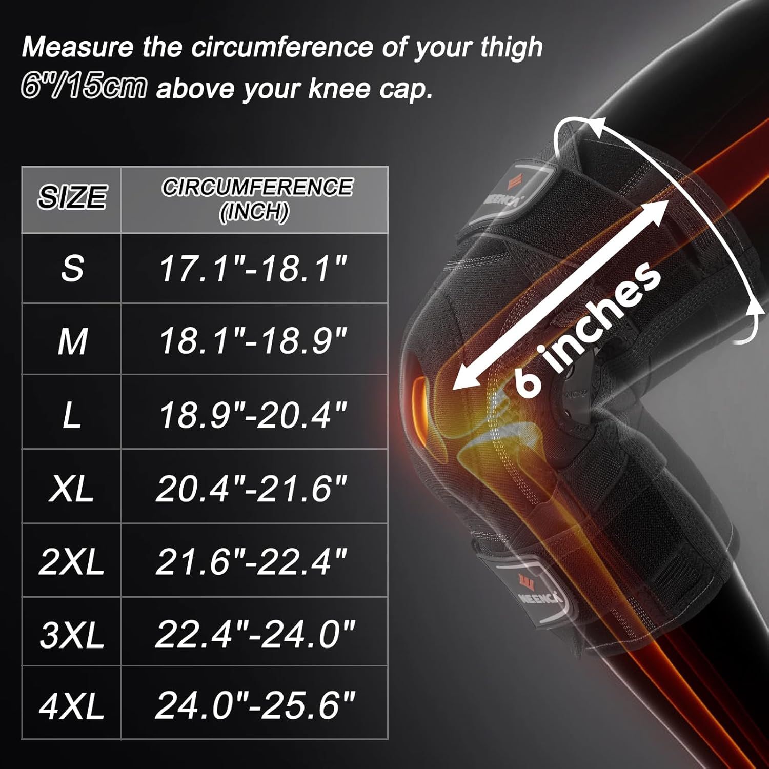 Provides detailed sizing information with a comprehensive chart showing how to measure thigh circumference and match it to the correct size, helping shoppers select the right fit for the knee brace.