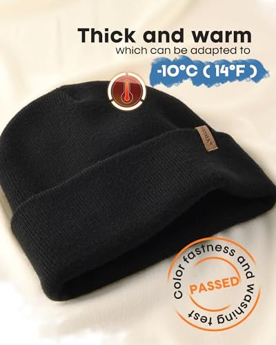 Communicates multiple product benefits including warmth suitable for cold temperatures, thickness, and quality assurance through color fastness testing to reassure shoppers of the beanie's…