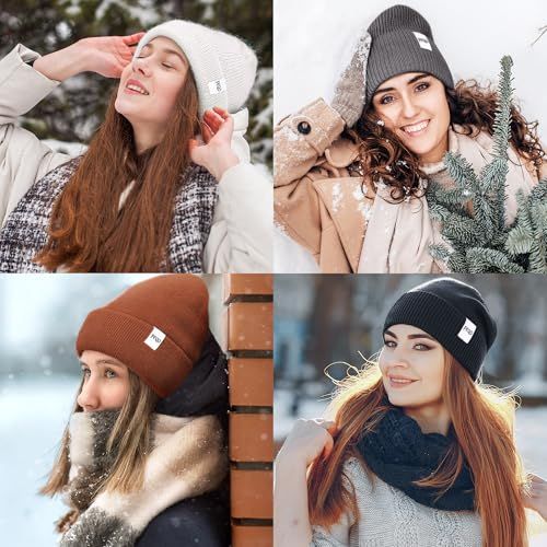 Showcases the product (winter hats) being worn in real-world winter settings to help shoppers visualize the product in use and connect emotionally with the lifestyle context.