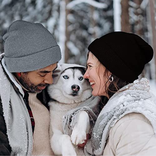 Showcases the product (beanie hats) in a real-world winter setting with people and a dog, creating an emotional connection and demonstrating natural use without any text or feature callouts.