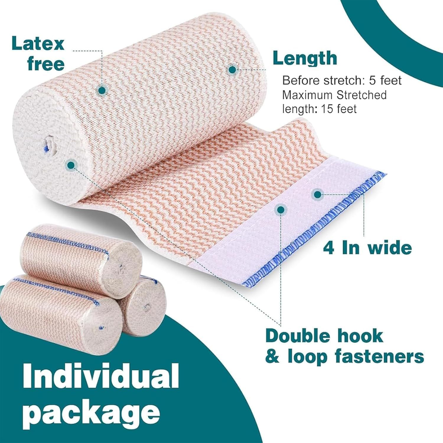 This image breaks down the physical components and specifications of the elastic bandage, highlighting material composition, dimensions, fastener type, and packaging to help shoppers understand…