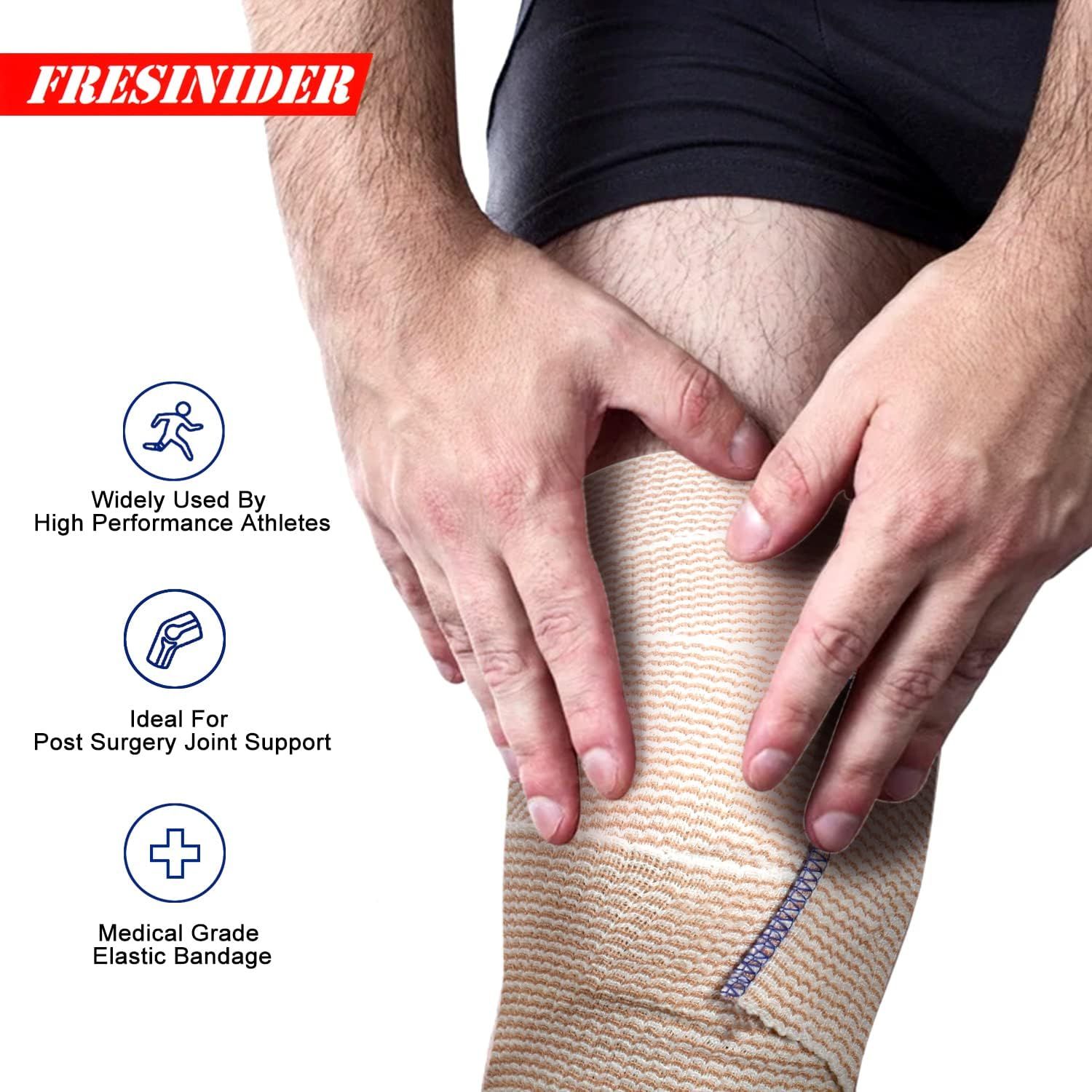 Communicates three distinct benefits of the elastic bandage: suitability for high-performance athletes, post-surgery joint support, and medical-grade quality to build trust and demonstrate…