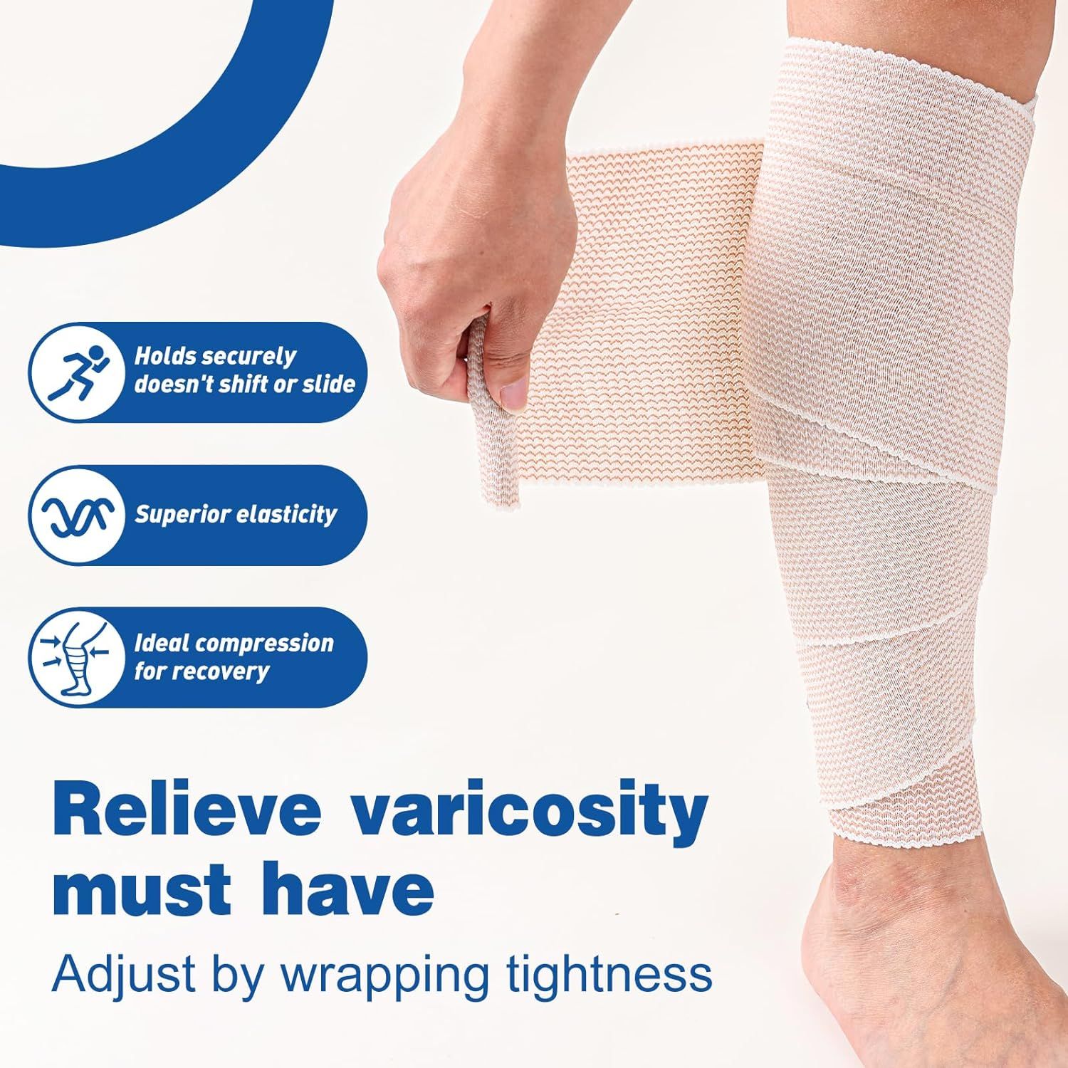 Communicates multiple key benefits of the compression wrap including secure fit, elasticity, compression for recovery, and adjustability to reassure shoppers of its effectiveness for varicosity…