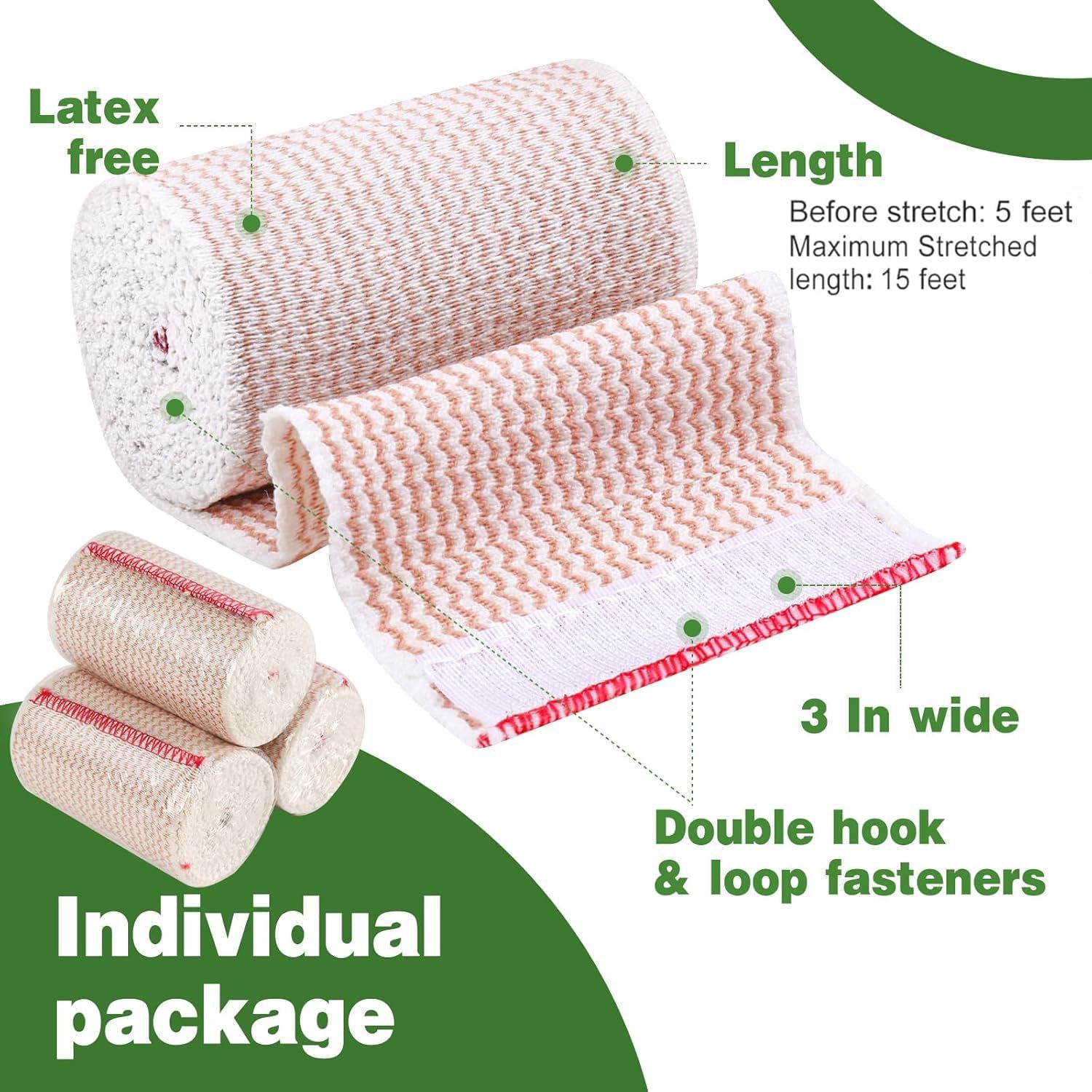 This image breaks down the physical features and specifications of the elastic bandage, highlighting its latex-free material, stretchable length (5 feet unstretched, 15 feet stretched), 3-inch…