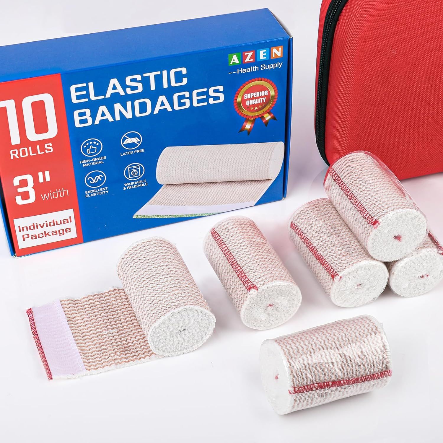 Shows the customer exactly what they will receive in the package: 10 individually packaged elastic bandage rolls displayed alongside the product box and a first aid kit.