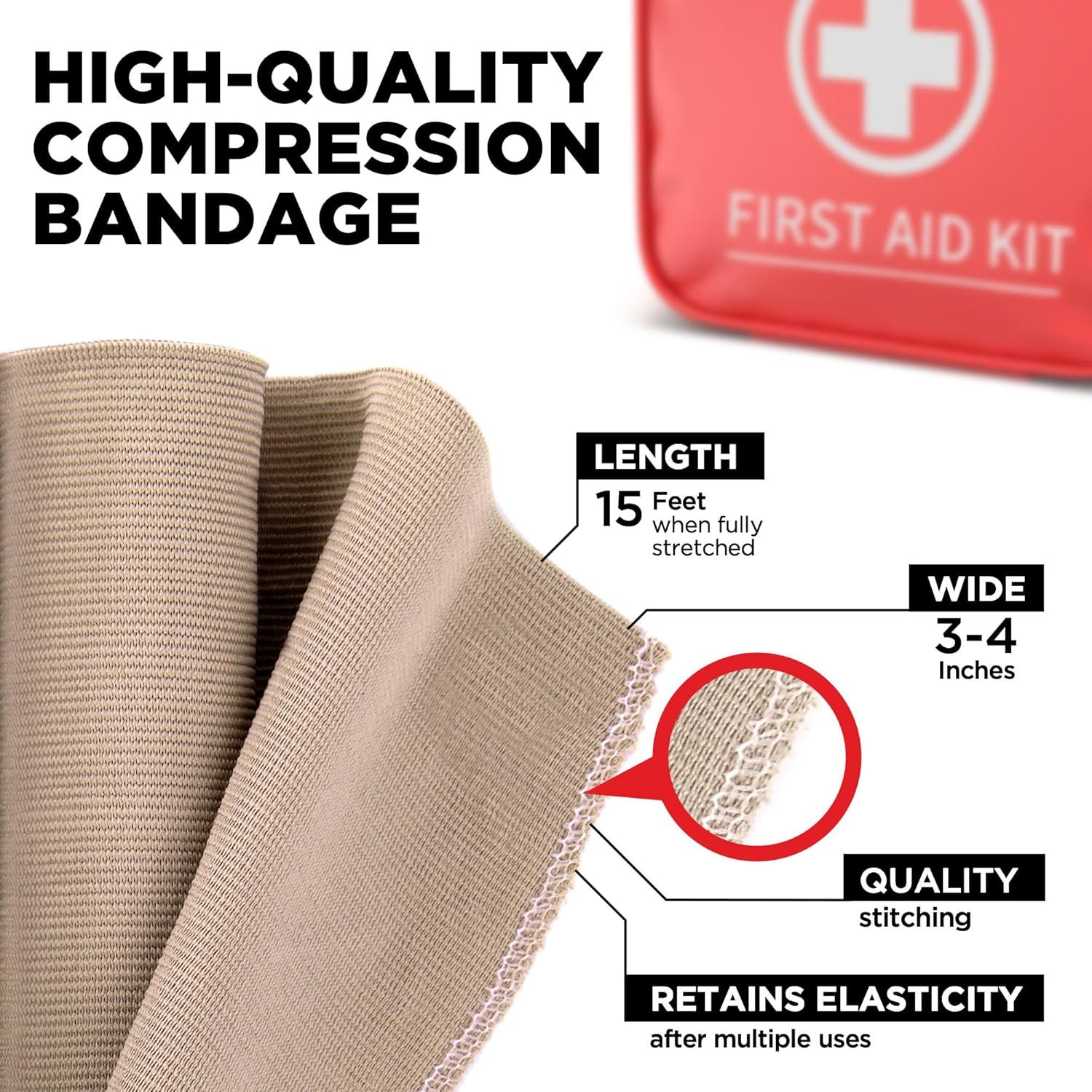 This image breaks down the compression bandage's key physical specifications and construction features to help shoppers understand the product's dimensions, quality craftsmanship, and durability.