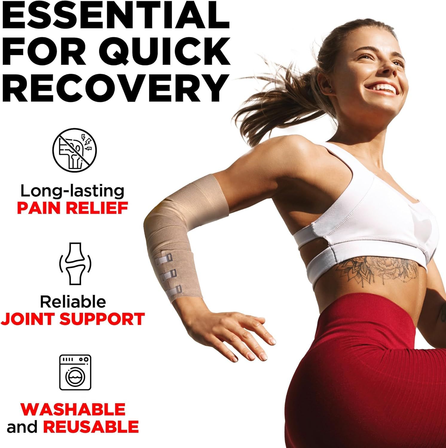 Communicates multiple key benefits of the elbow support product—pain relief, joint support, and easy care—to reassure shoppers of its effectiveness and convenience.