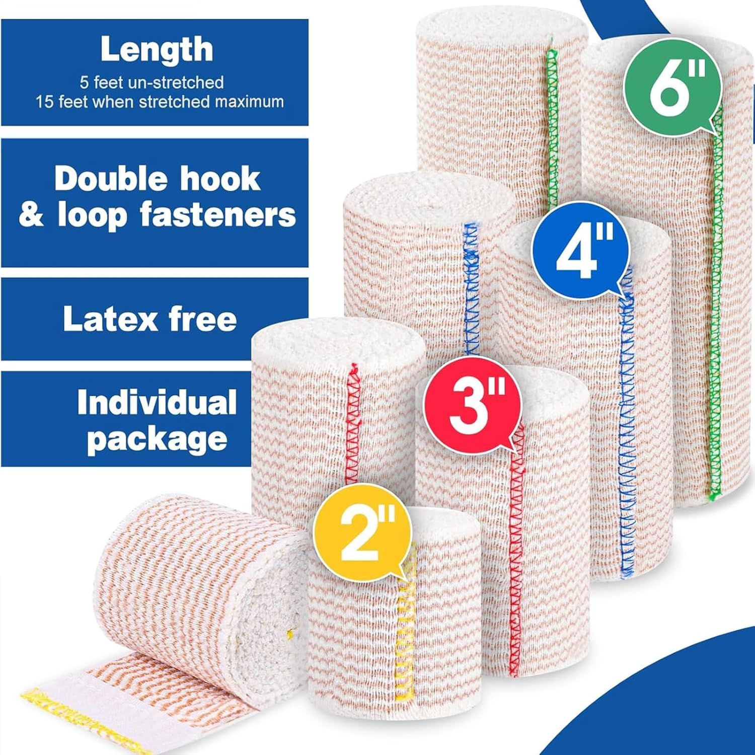 Communicates multiple key product features and benefits in a segmented layout to help shoppers understand the bandage's specifications, fastening system, material safety, and packaging format.…