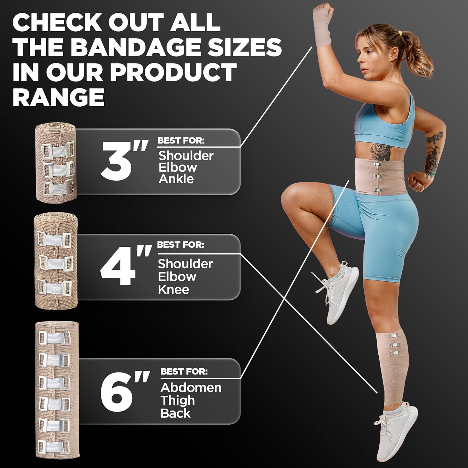Helps shoppers choose the right bandage size from the brand's product range by showing three size options (3", 4", 6") and their recommended body applications.