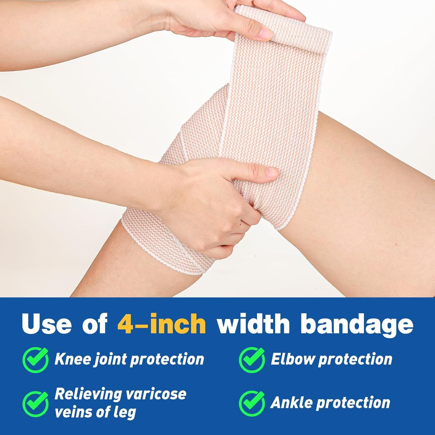 Demonstrates the versatility of the 4-inch width bandage by showing multiple body areas and conditions it can be used for, reassuring shoppers of its multi-purpose functionality.
