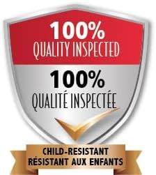 Communicates that the product has been 100% quality inspected and features child-resistant safety properties, providing reassurance to parents and safety-conscious shoppers.