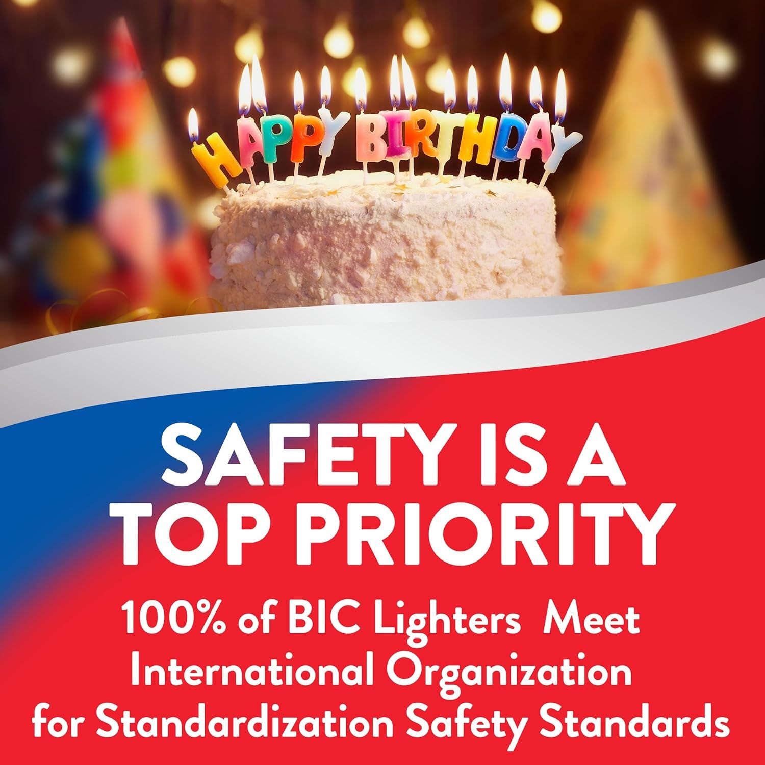 Reassures shoppers that the product (BIC lighters) meets international safety standards, emphasizing the brand's commitment to safety as a top priority.