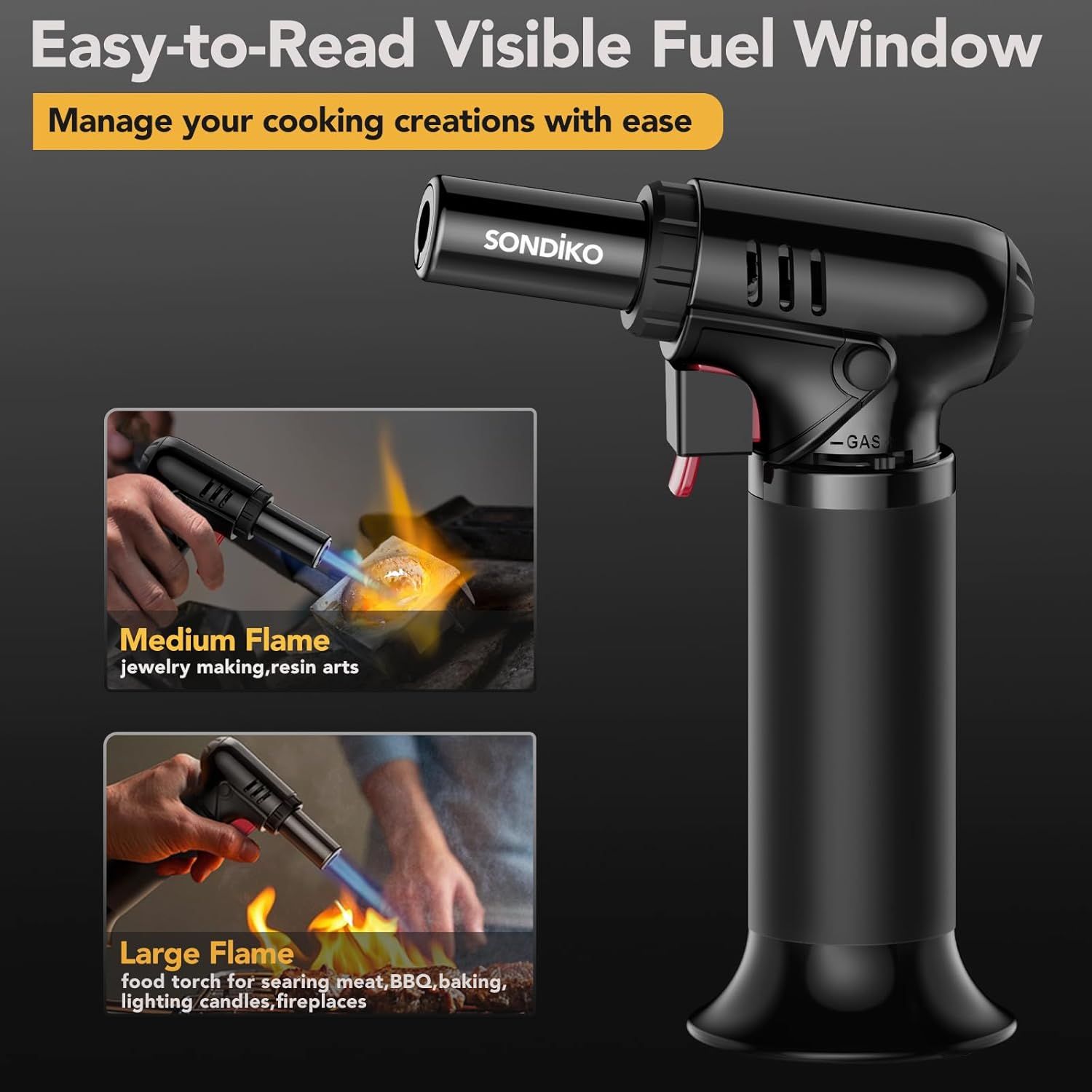 Demonstrates the product's versatility by showing two distinct flame settings and their corresponding applications—medium flame for jewelry making and resin arts, and large flame for culinary tasks…