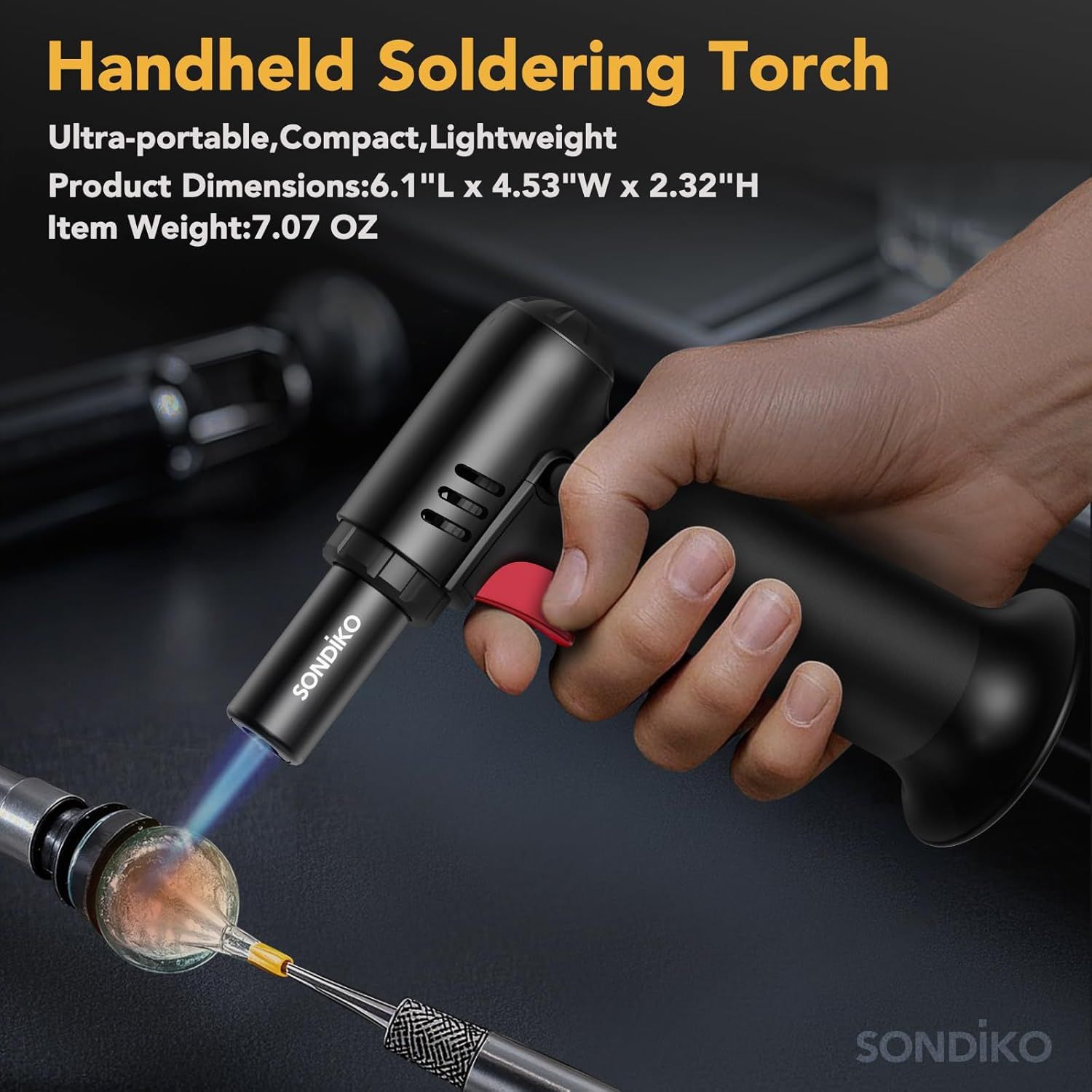 Communicates the exact physical dimensions and weight of the soldering torch to reassure shoppers that it is ultra-portable, compact, and lightweight for easy handling and storage. Highlights the…