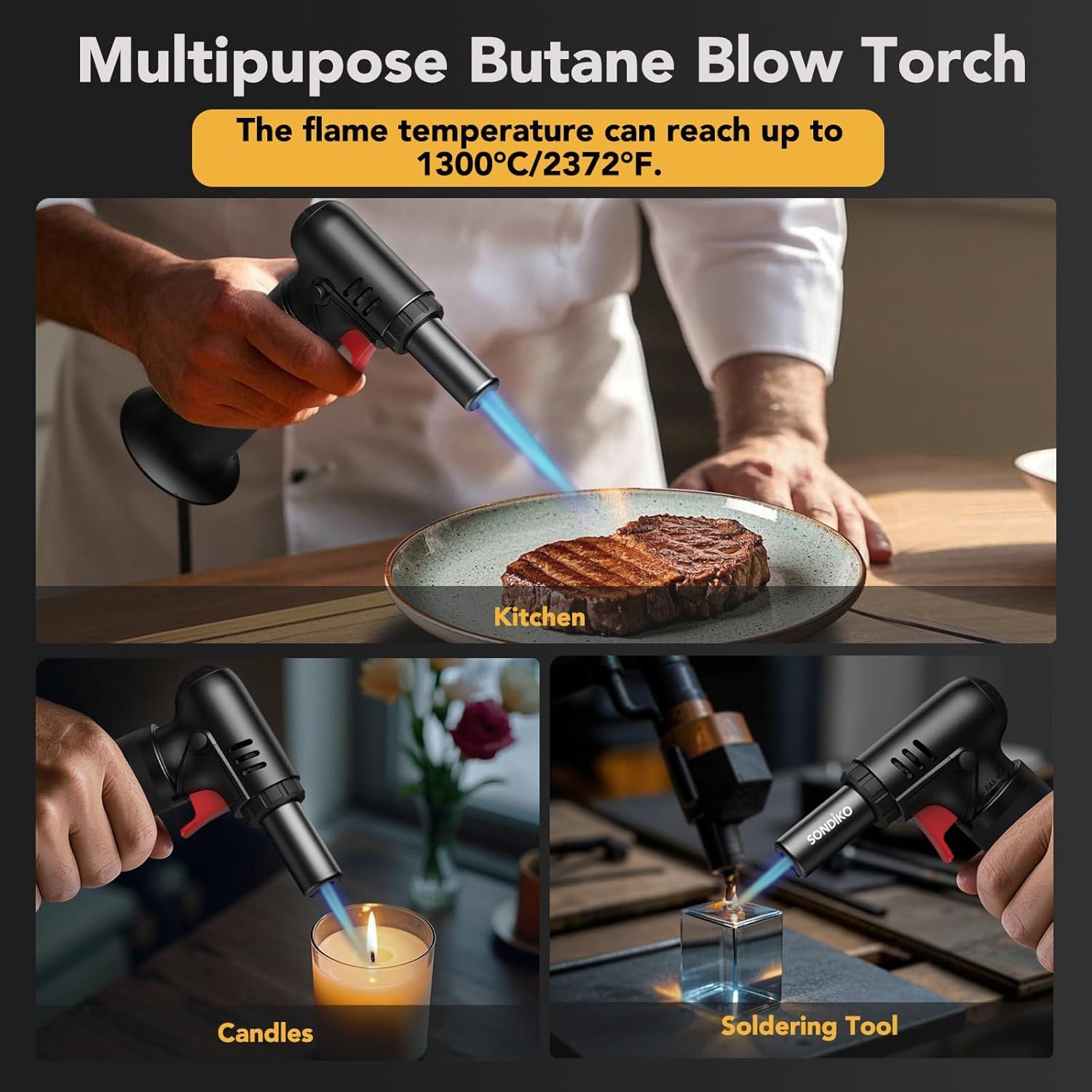 Demonstrates the versatility of the butane blow torch by showing it can be used in multiple different scenarios - cooking food in the kitchen, lighting candles, and as a soldering tool for crafts or…