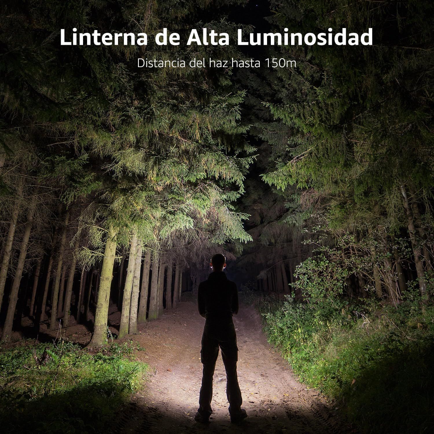 Communicates the flashlight's powerful beam range of 150 meters to reassure shoppers of its high-brightness performance for outdoor and nighttime use. Shows the product in a real-world nighttime…