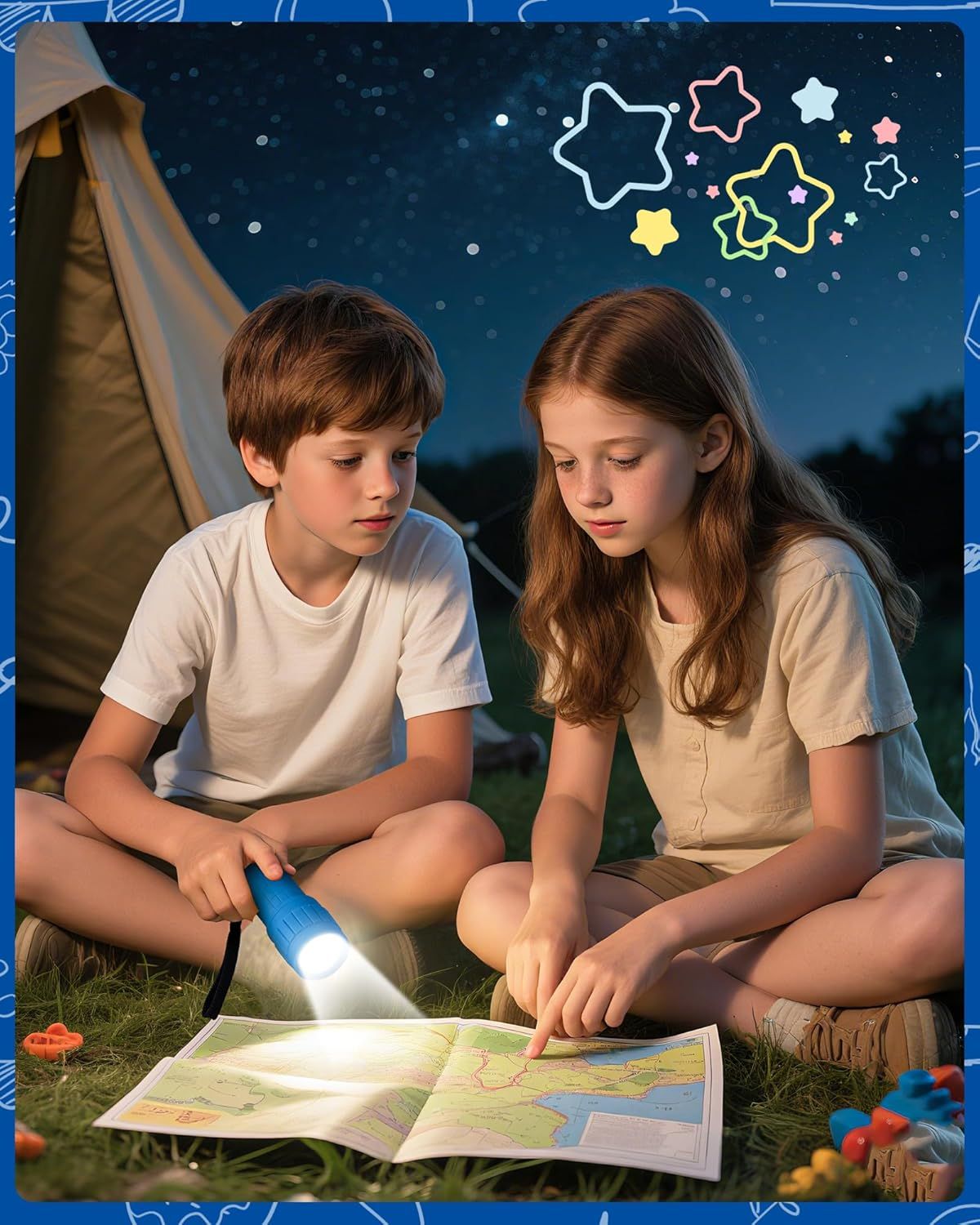 Demonstrates the product being used in a real-world camping scenario with children, showing its practical application for outdoor family activities and nighttime use.