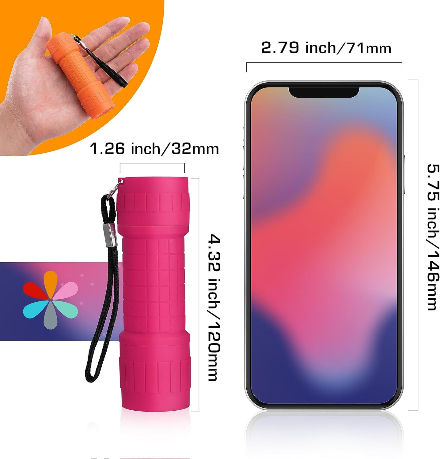 Communicates the physical dimensions of the product (a small flashlight) to show its compact, portable size and how it compares to a smartphone for scale reference.