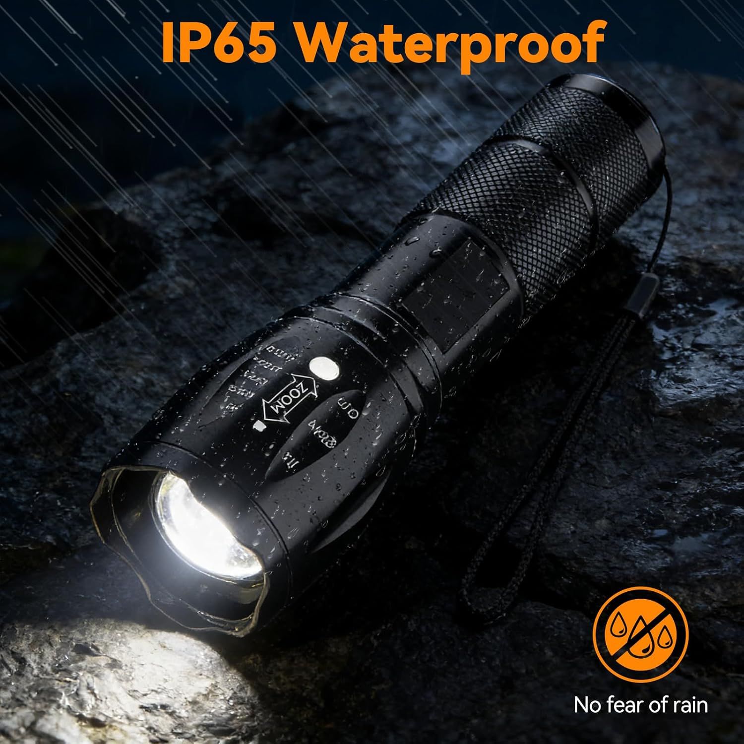 Highlights the flashlight's IP65 waterproof rating to reassure shoppers that it can withstand rain and wet conditions.