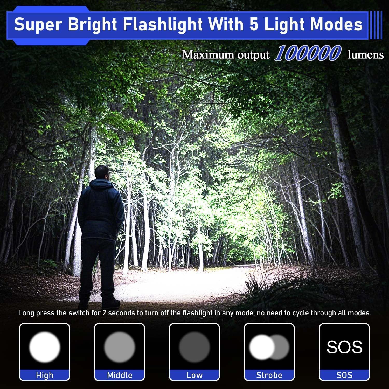 Communicates the flashlight's exceptional brightness capability (100,000 lumens) to demonstrate its powerful performance and versatility with multiple lighting modes. Showcases multiple distinct…