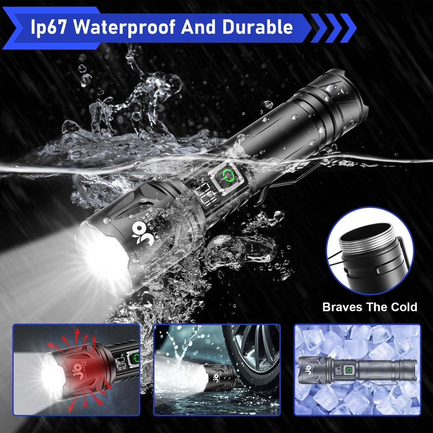 Demonstrates the flashlight's durability and weather resistance across multiple conditions—waterproof, cold-resistant, and heat-dissipating—to reassure shoppers it can withstand extreme environments.
