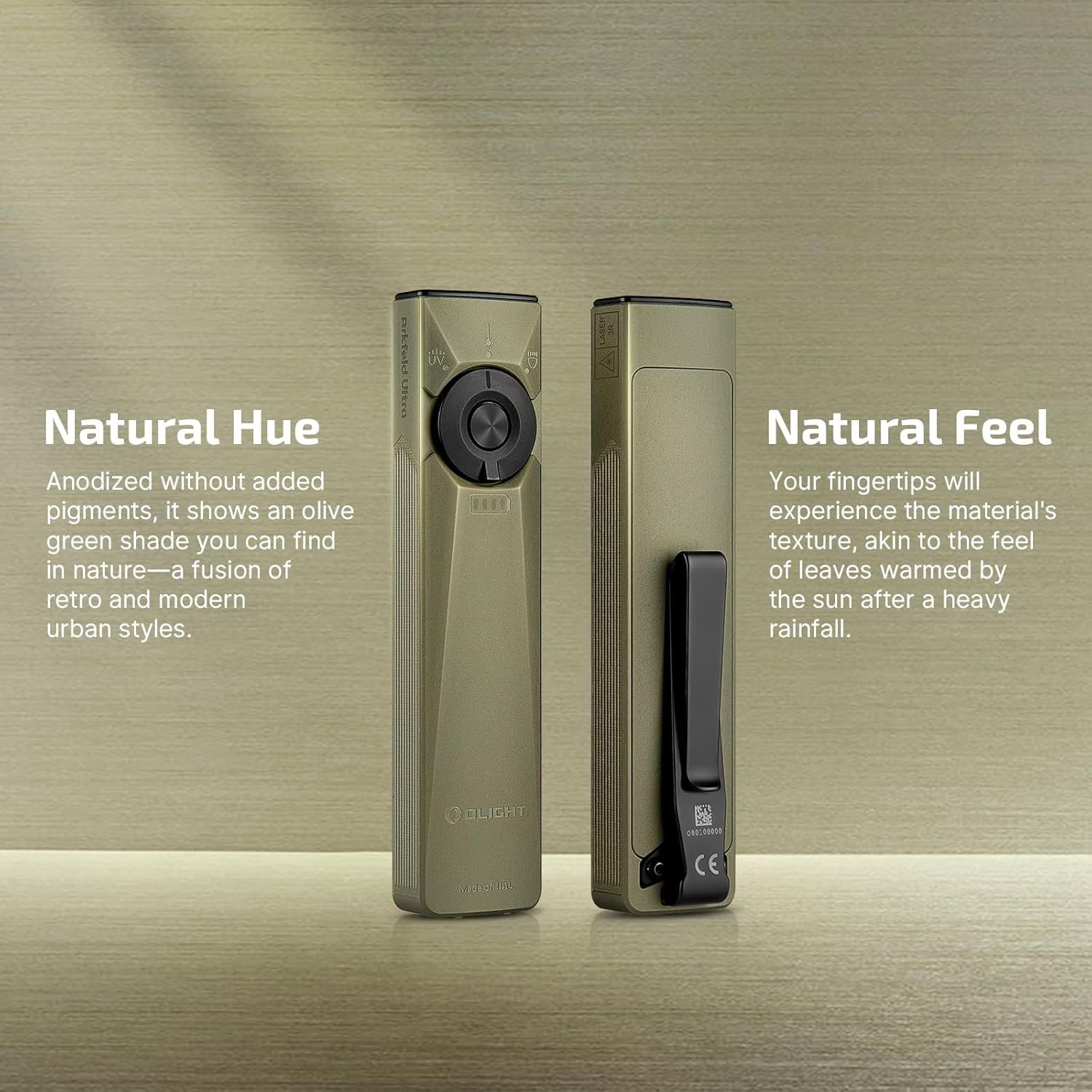 Highlights two distinct design benefits of the product: the natural olive green color aesthetic and the unique tactile texture that mimics sun-warmed leaves after rain.