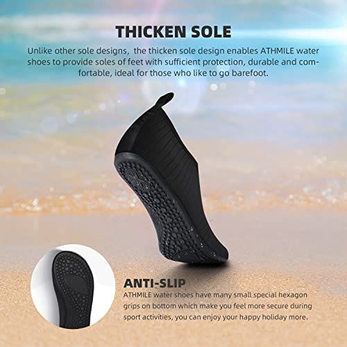 Highlights the physical design features of the water shoe—specifically the thickened sole for protection and comfort, and the anti-slip hexagon grip pattern on the bottom—to reassure shoppers about…