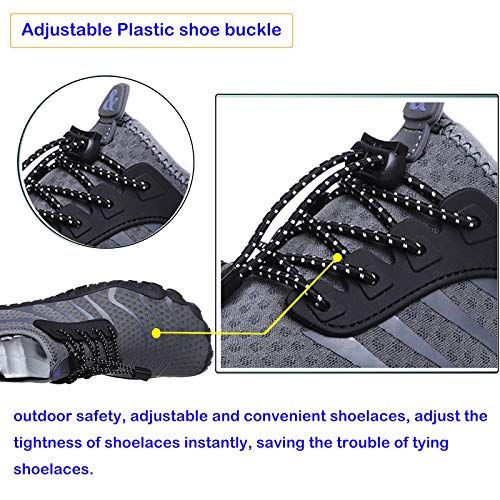 Highlights the adjustable plastic shoe buckle feature with zoom-in callouts and arrows to show shoppers the specific component that enables quick, convenient shoelace adjustment without tying.…