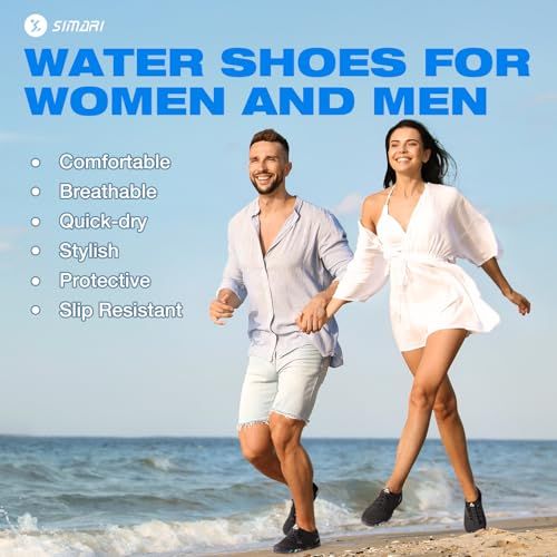 Communicates multiple key benefits of the water shoes through a bulleted list format, reassuring shoppers that the product delivers comfort, performance, and style for beach and water activities.