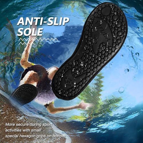 Highlights the anti-slip sole design with hexagonal grip pattern to reassure shoppers of secure traction during water sports and activities. Communicates the primary safety benefit of the anti-slip…