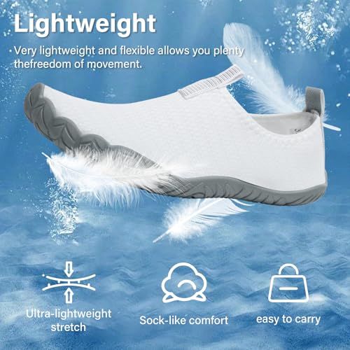 Communicates multiple benefits of the shoe including its lightweight construction, flexibility, sock-like comfort, and portability to reassure shoppers of its versatility and ease of use.
