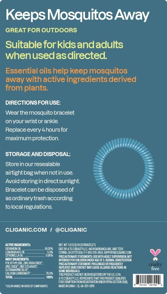 Communicates multiple distinct benefits and usage details of the mosquito bracelet in a segmented, text-heavy layout to inform shoppers about effectiveness, safety, ingredients, and proper use.