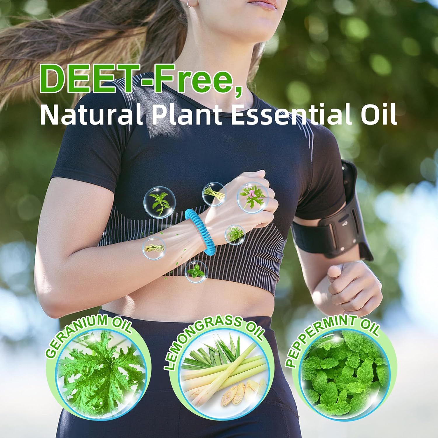 Communicates that the product uses natural plant-based essential oils (geranium, lemongrass, peppermint) instead of DEET, reassuring health-conscious shoppers seeking a safer, chemical-free insect…