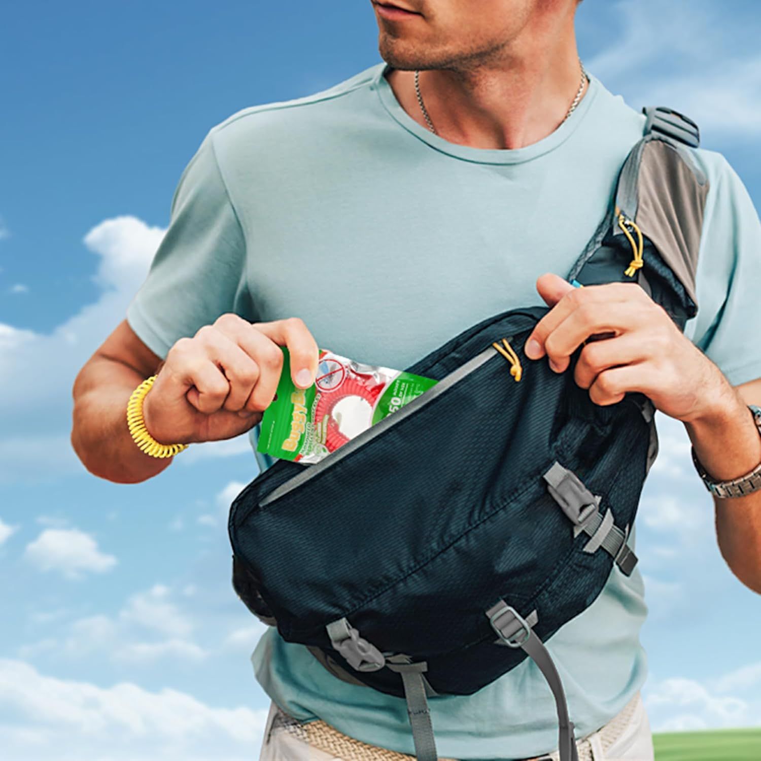 Demonstrates the product in a real-world outdoor context, showing how the bag can be worn and used to carry items like snacks during activities.