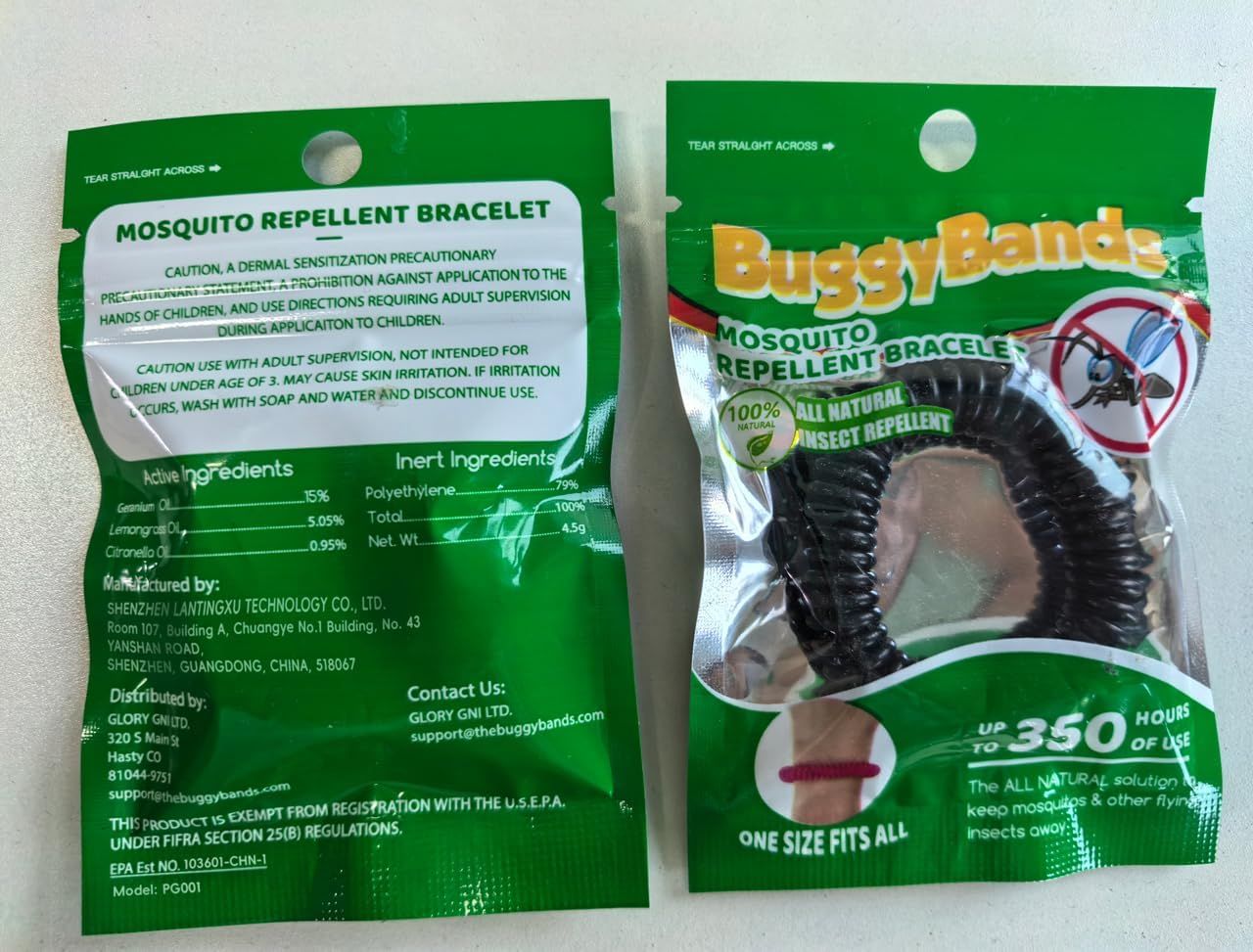 Shows the front and back of the product packaging to communicate what the customer receives and provide product information including ingredients, warnings, and usage duration.