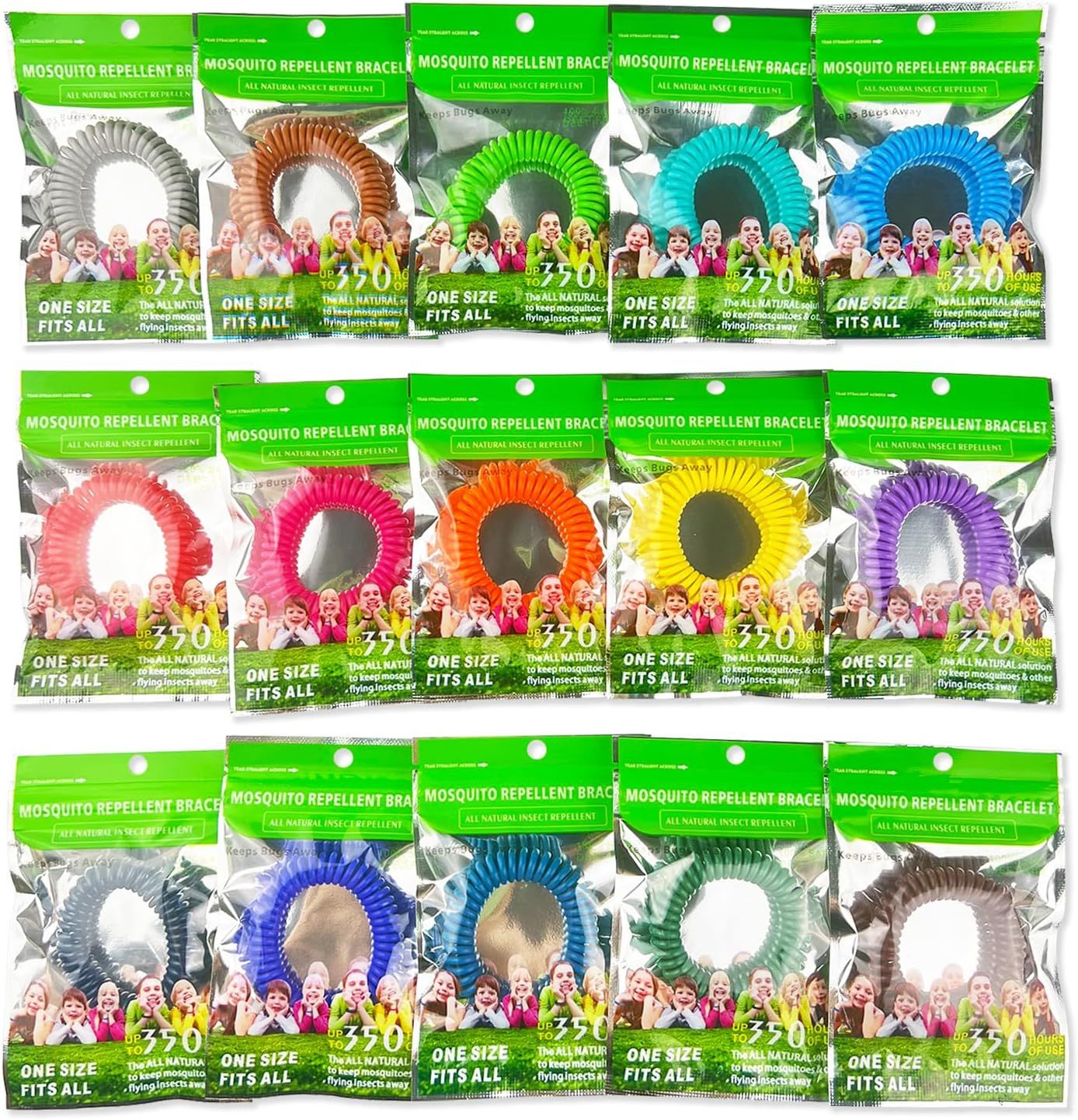 Displays the full range of color options available for the mosquito repellent bracelet product line, helping shoppers understand the variety and choose their preferred color.