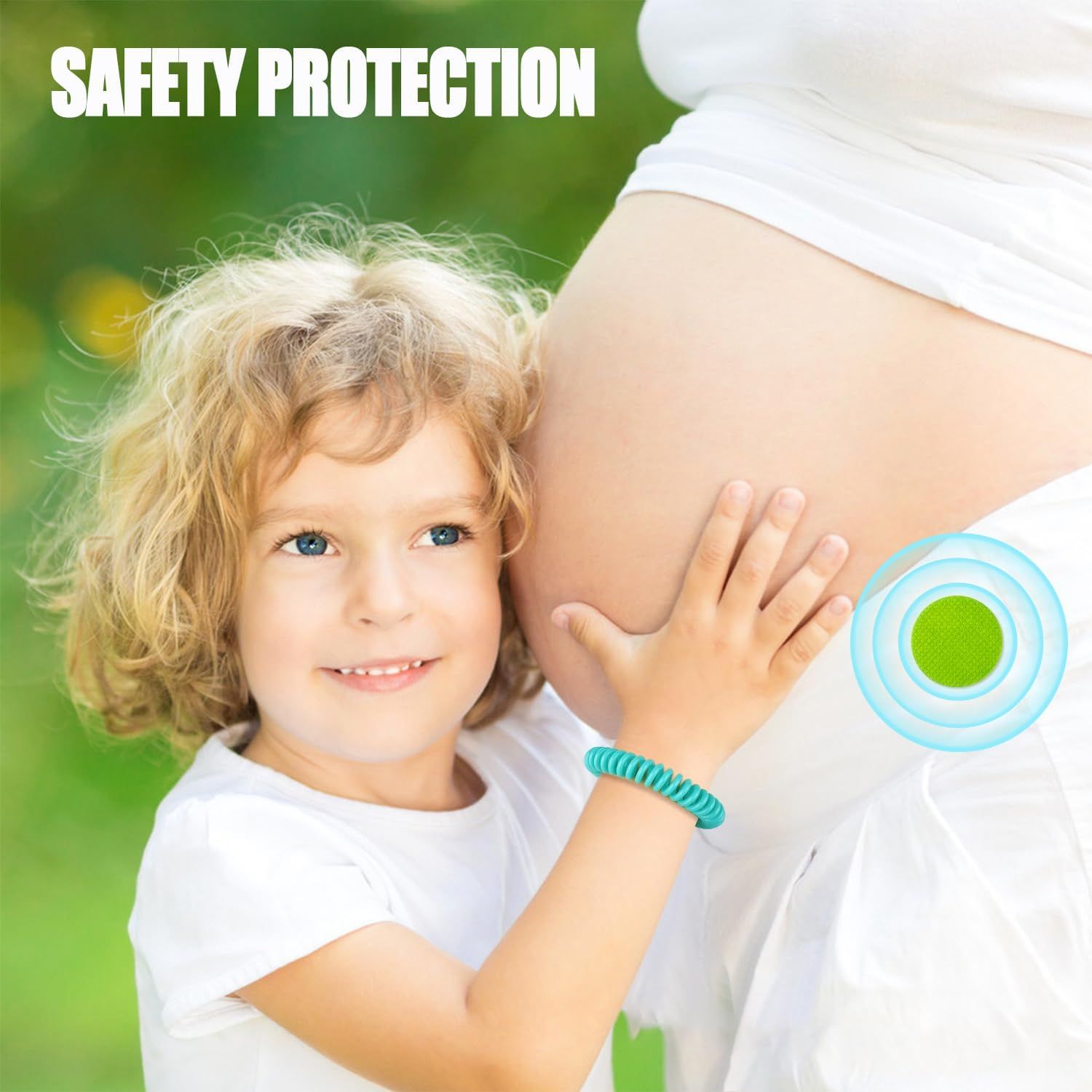 Communicates that the product (wristband) is safe for children and pregnant women, providing protection and peace of mind for families. Highlights the safety benefit of the product in a simple,…