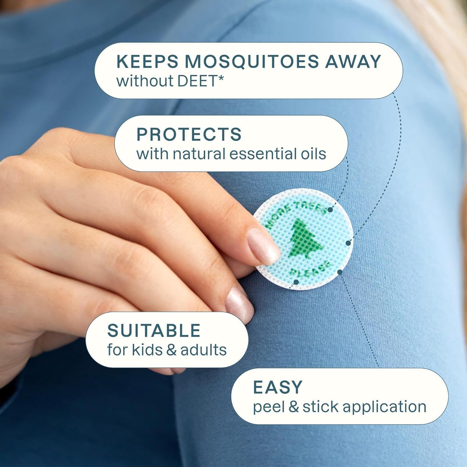 Communicates multiple key benefits of the mosquito repellent patch in a segmented layout, emphasizing safety, natural ingredients, ease of use, and broad suitability to reassure shoppers.