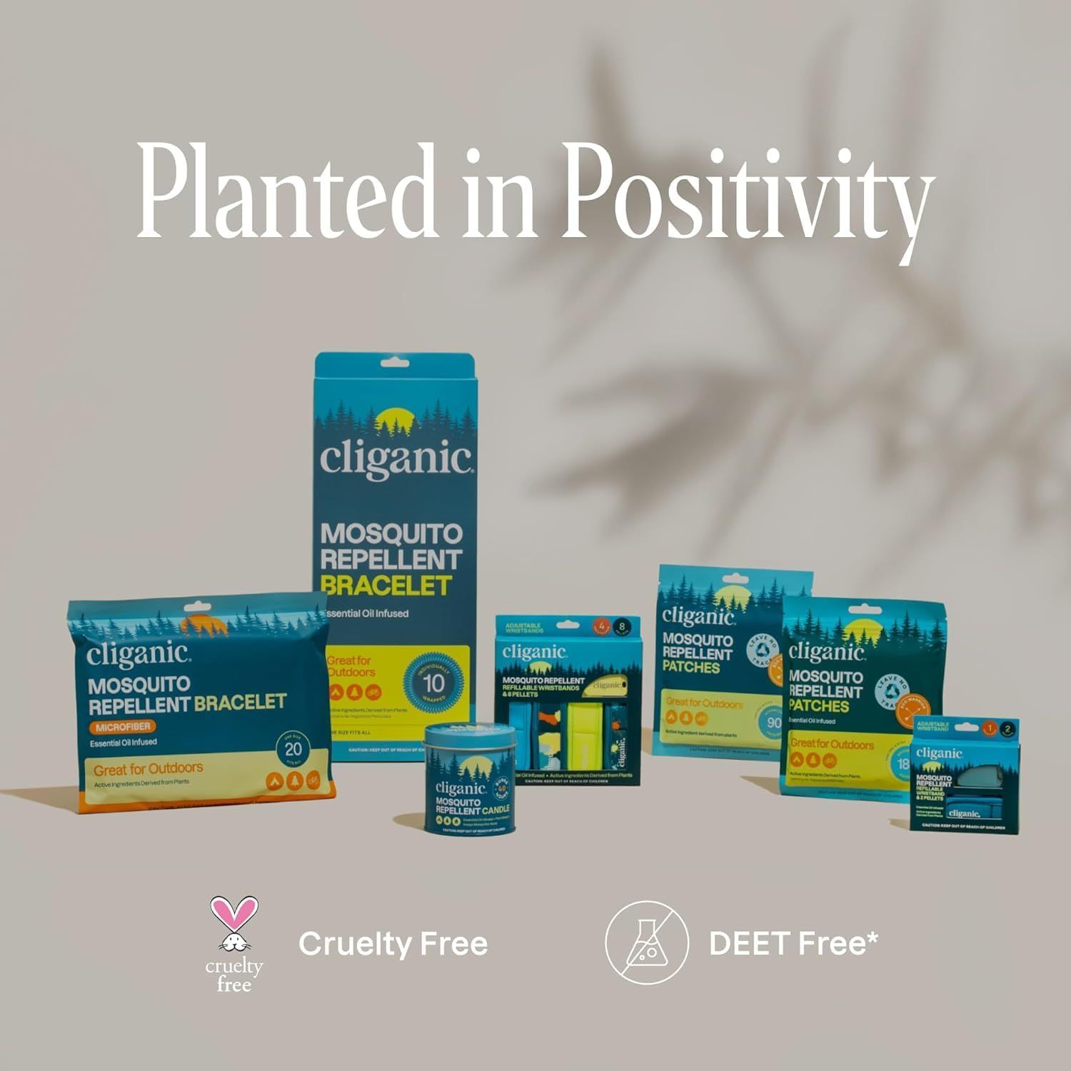 Showcases the Cliganic brand's full mosquito repellent product lineup while emphasizing brand values of being cruelty-free and DEET-free to build trust and help shoppers understand the variety of…
