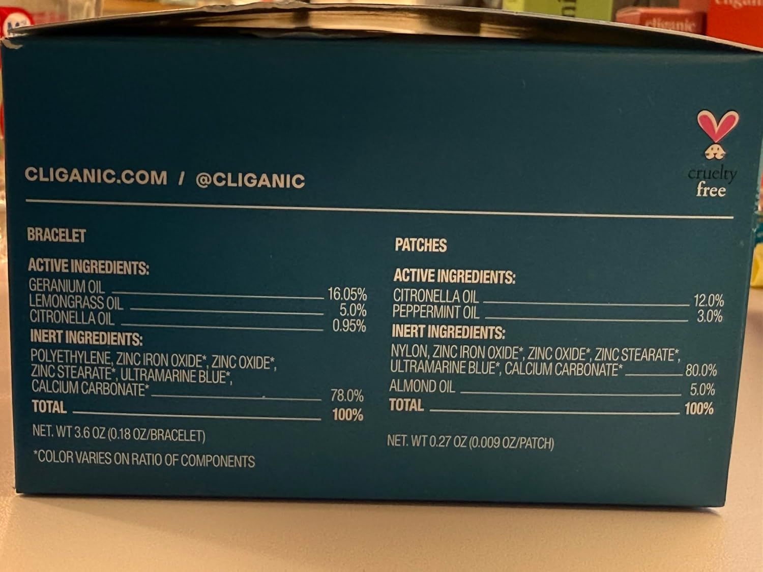 This image shows the complete contents of the package (bracelet and patches) along with detailed ingredient lists for each item, helping shoppers understand exactly what they're receiving and what's…