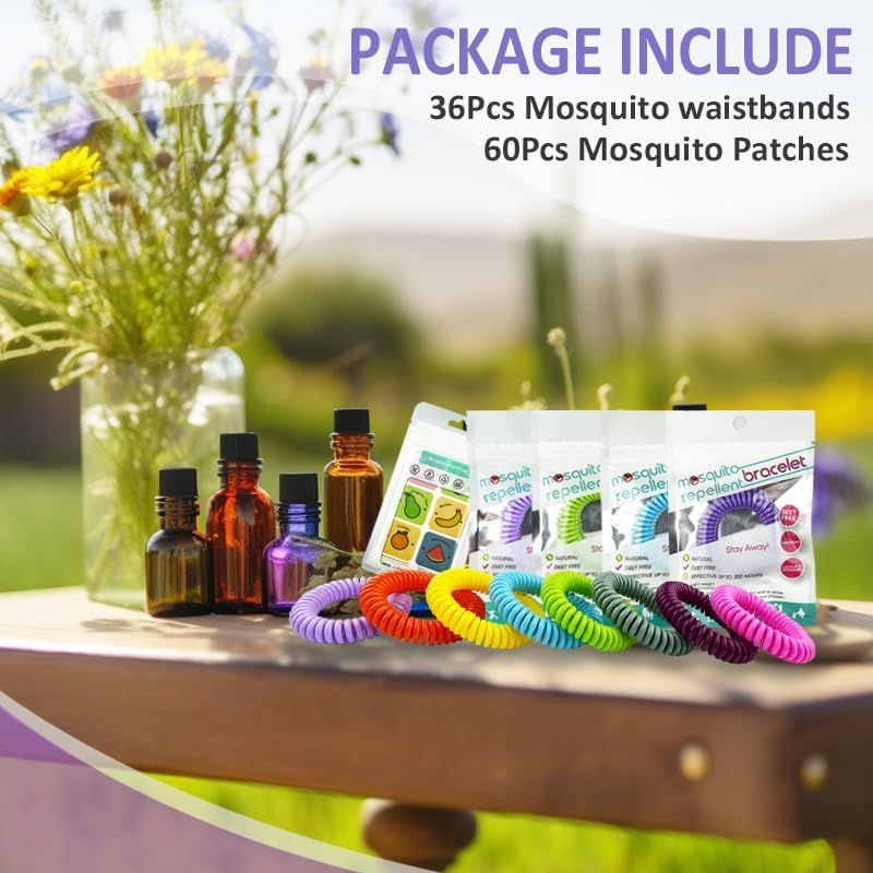 Shows the complete package contents to help shoppers understand exactly what they will receive: 36 mosquito wristbands in multiple colors and 60 mosquito patches, along with essential oils.