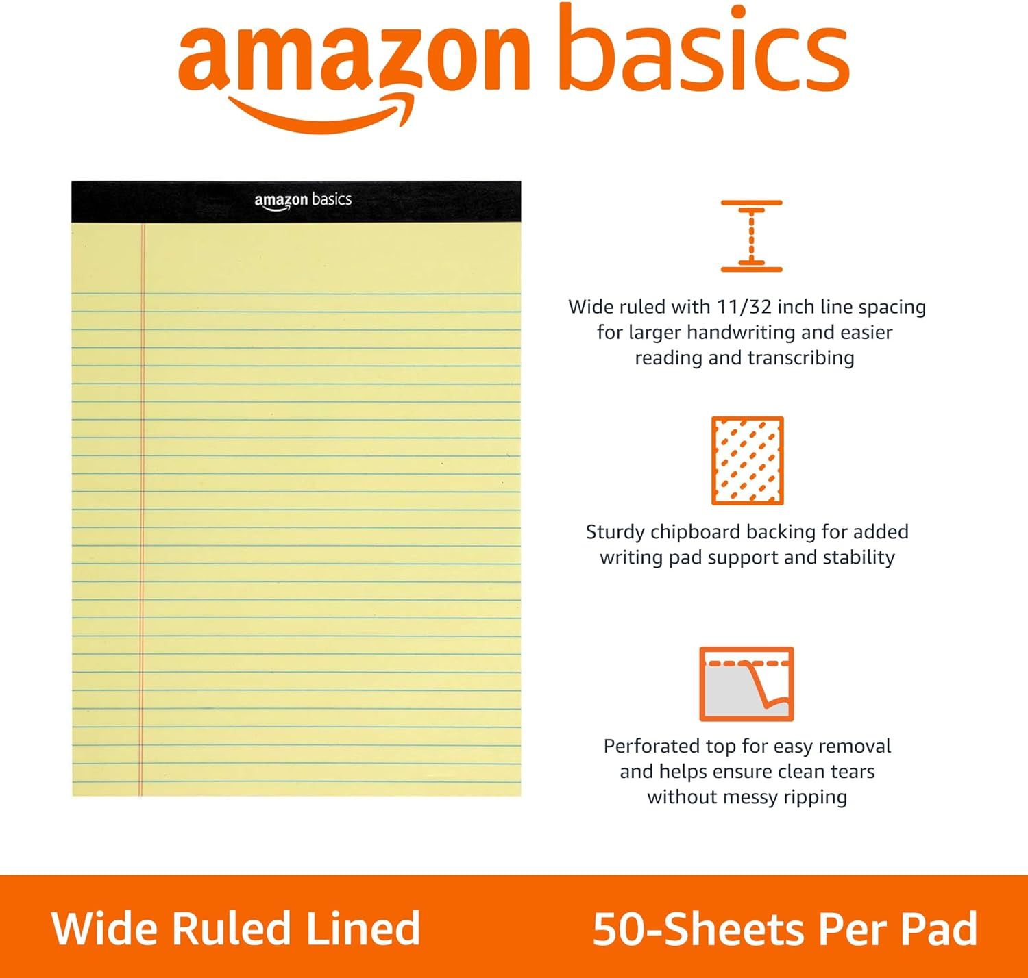 Communicates three distinct product benefits in a segmented layout: wider line spacing for easier writing, sturdy backing for stability, and perforated top…