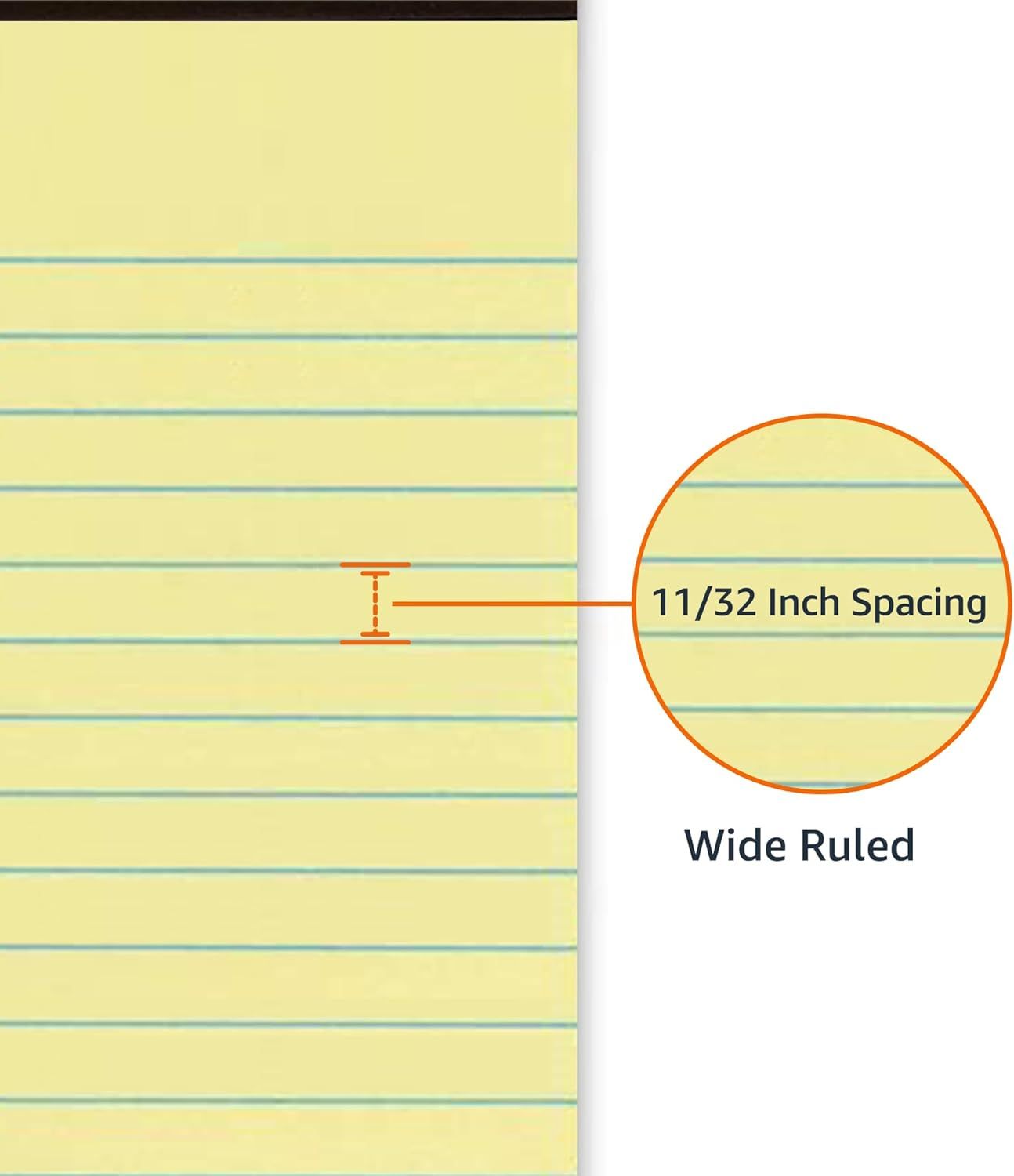 Communicates the precise line spacing (11/32 inch) of the wide-ruled paper to help shoppers understand the physical dimensions and suitability for their…