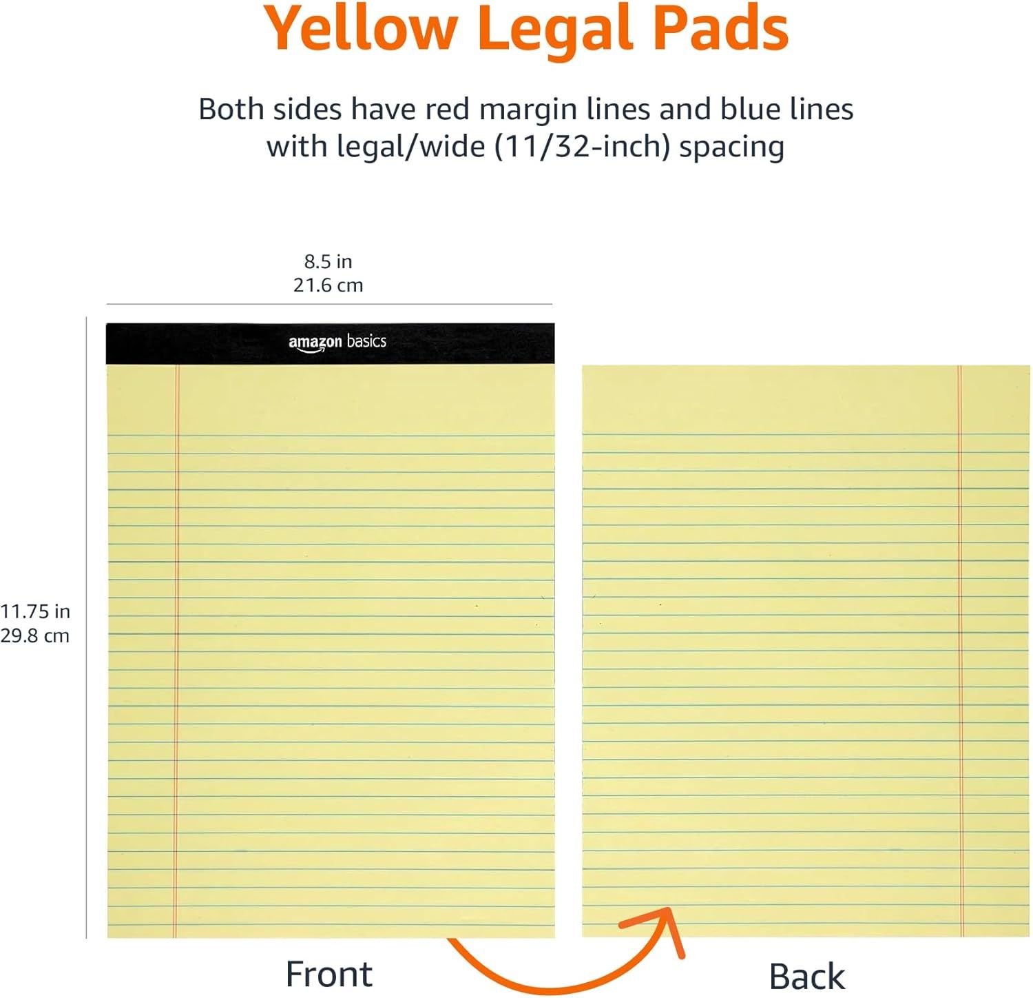 Communicates the exact physical dimensions of the legal pads (8.5 x 11.75 inches / 21.6 x 29.8 cm) to help shoppers understand the product size before…
