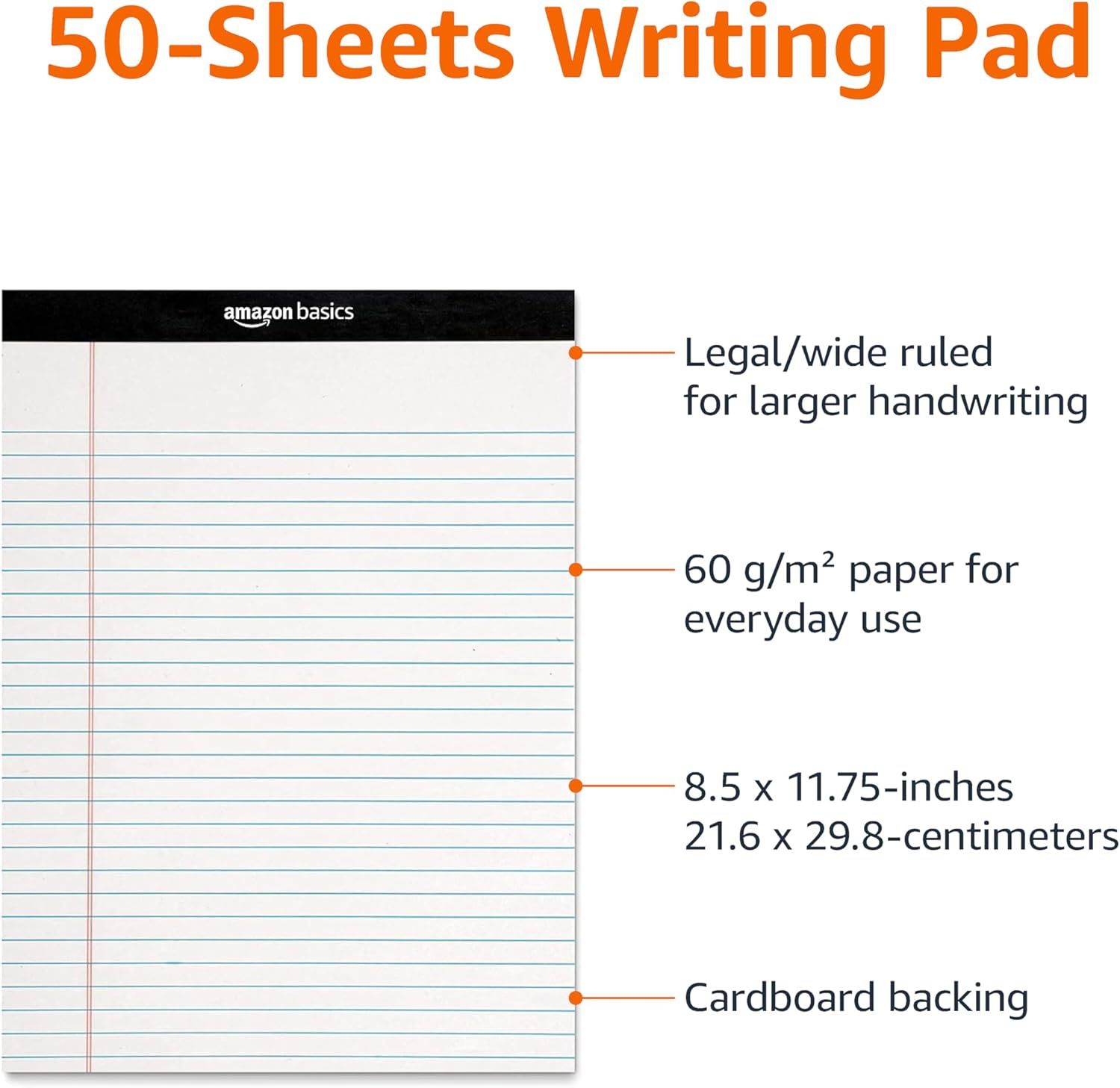 Breaks down the physical components and specifications of the writing pad to help shoppers understand the product's construction, paper quality, ruling type,…