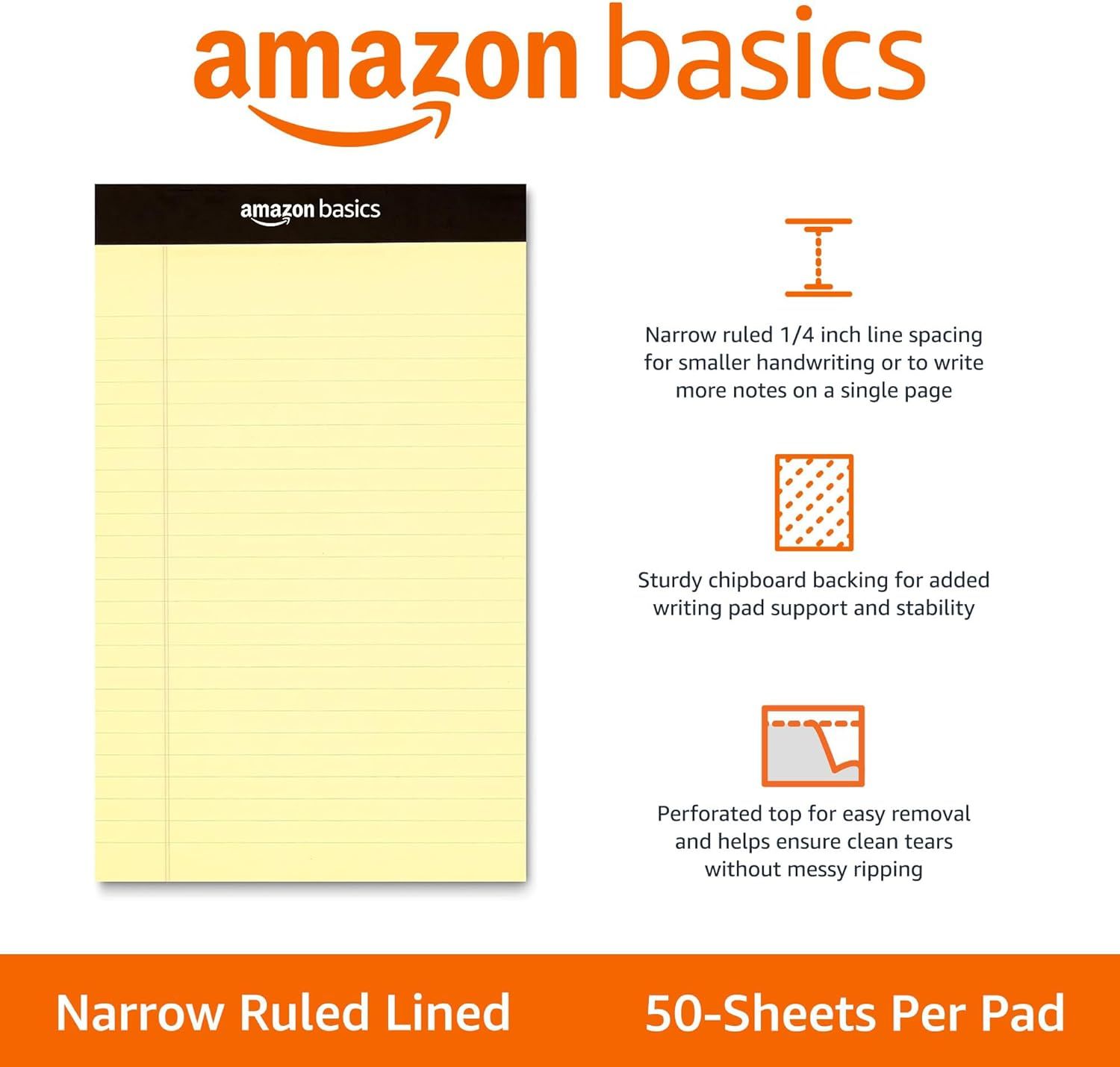 Highlights three distinct product features (narrow ruling, sturdy backing, and easy-tear perforation) to communicate the notepad's quality and functionality…