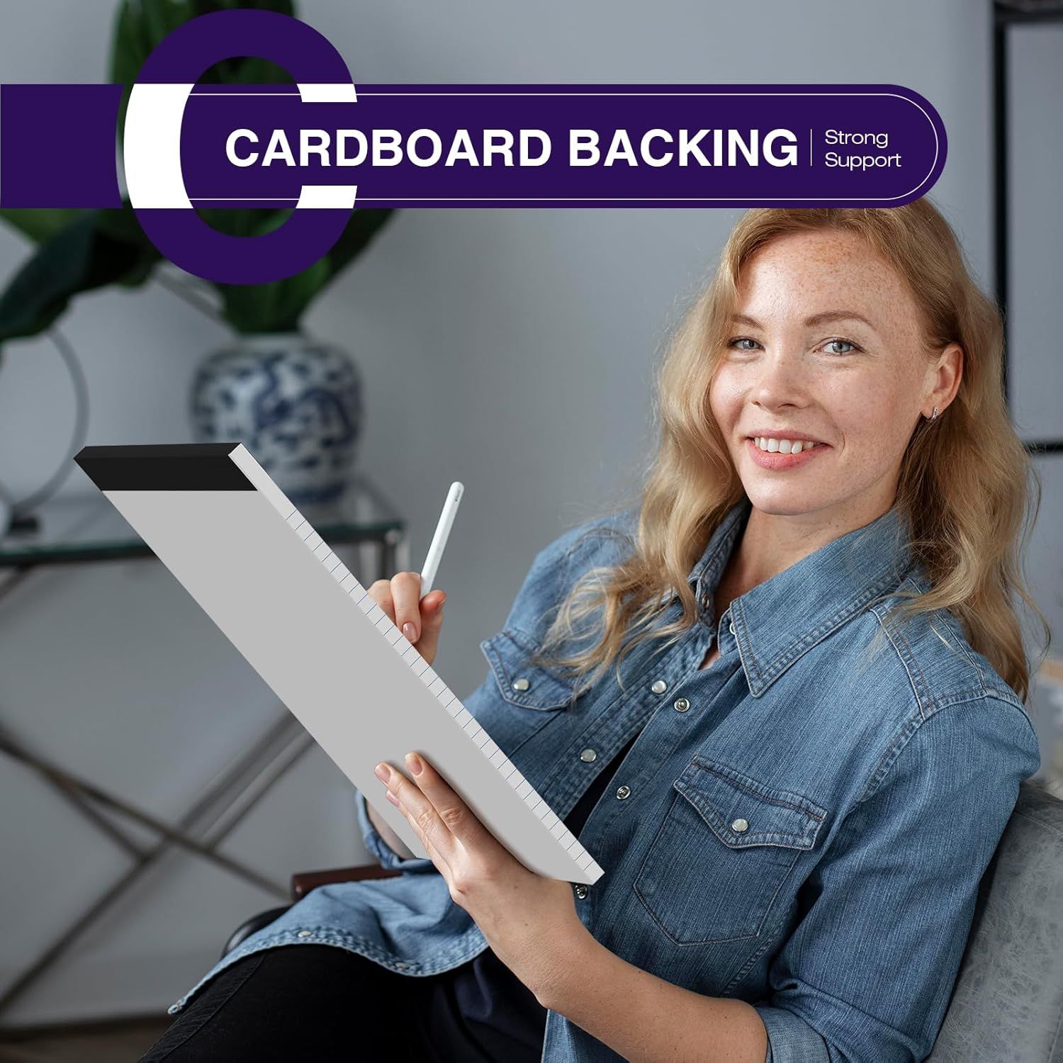 Highlights the product's cardboard backing feature to reassure shoppers that it provides strong structural support and durability.