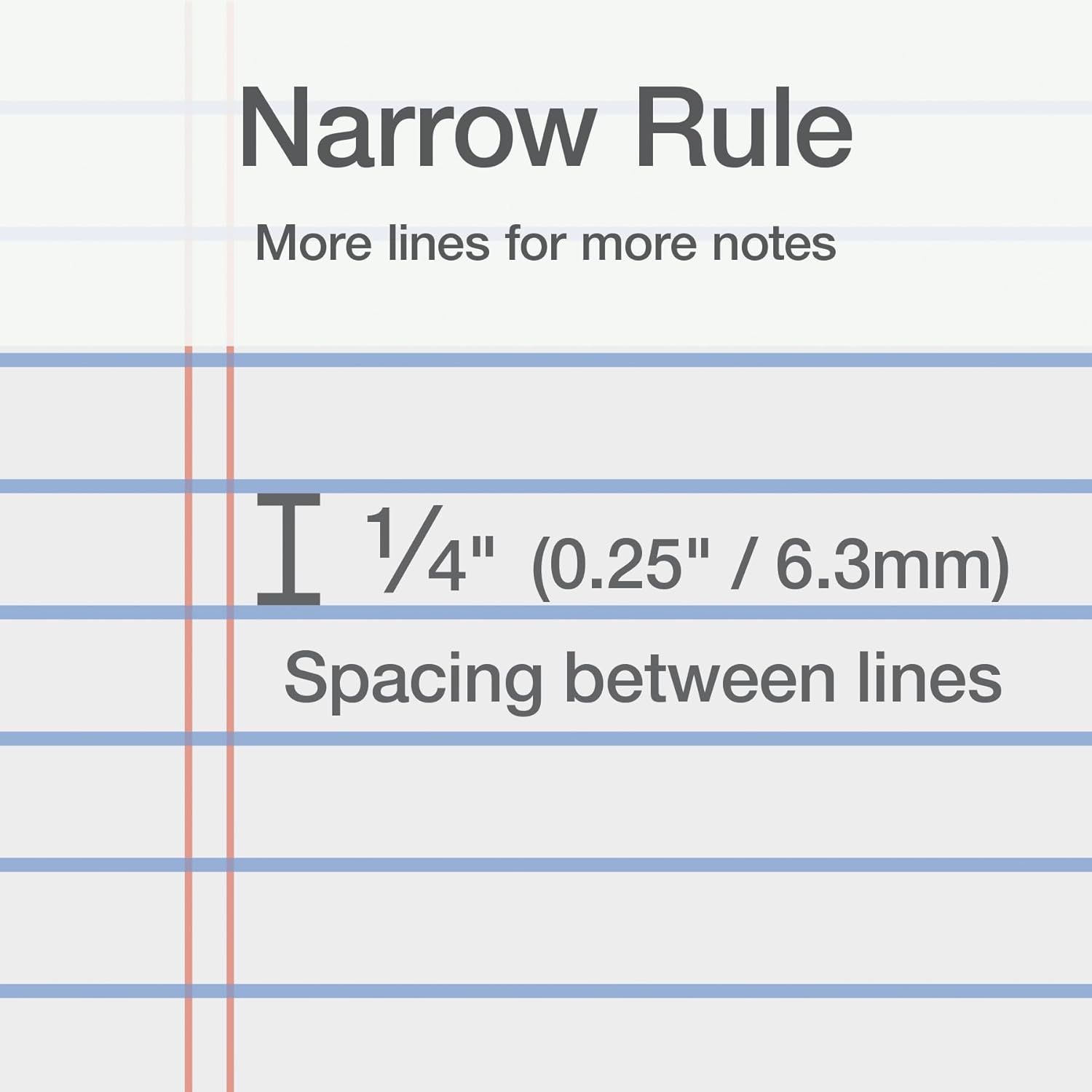 Communicates the precise line spacing measurement (1/4 inch or 6.3mm) of the narrow-ruled paper to help shoppers understand the product's physical…