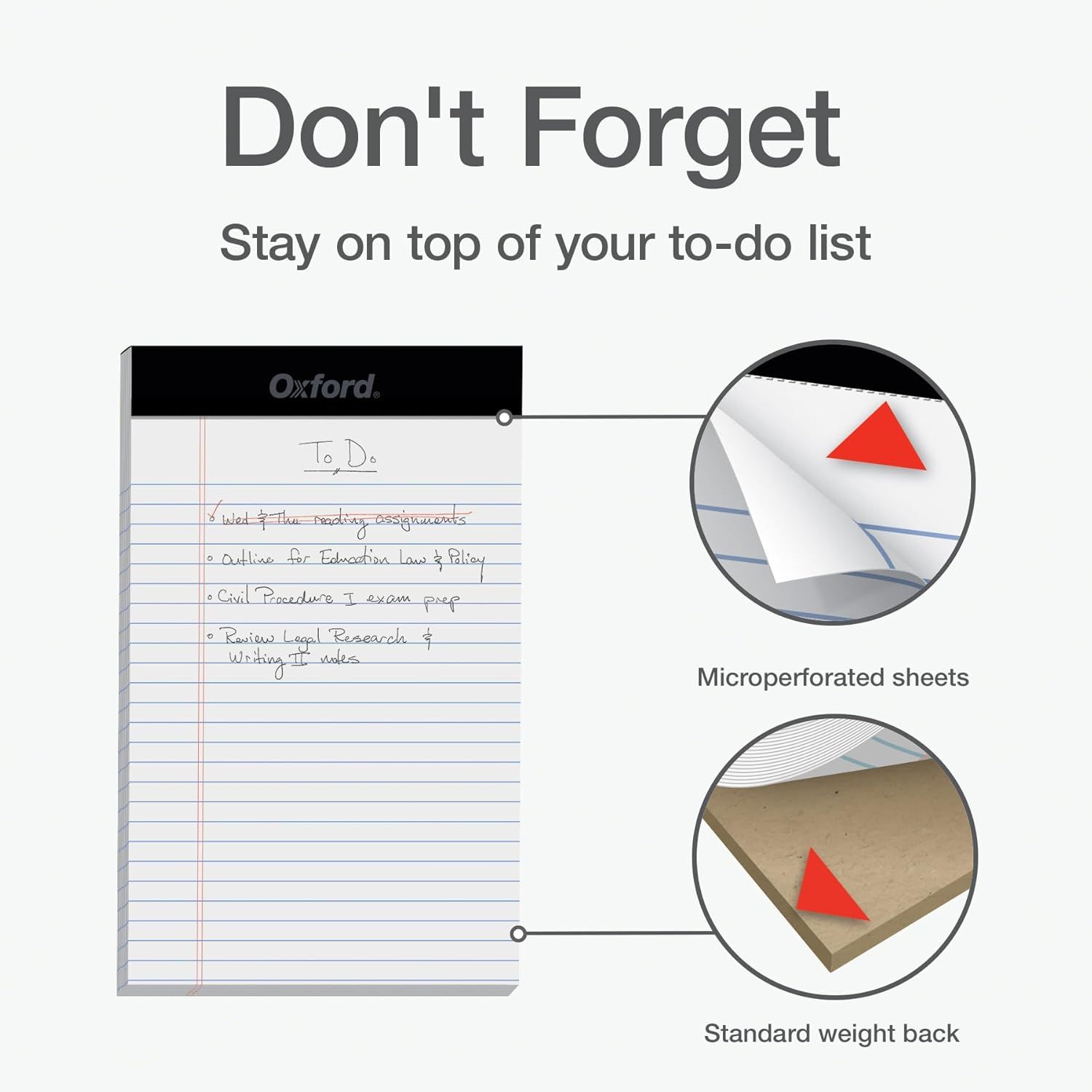 Highlights the physical construction features of the notepad, showing the microperforated sheets for easy tearing and the standard weight backing for…